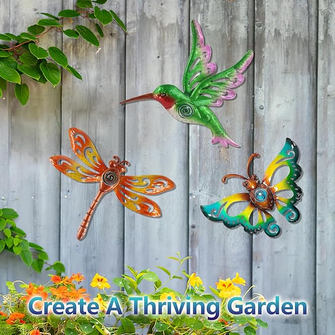 Hummingbird Butterfly Dragonfly Metal Wall Art Decor, Wall Christmas Decoration Hanging for Home Living Room Bedroom Garden Porch Patio Balcony Ornament for Indoor Outdoor, 3 pack 9 inch