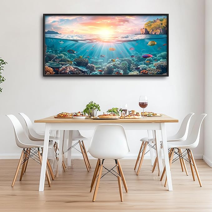 Ocean Fish Large Wall Art Framed Wall Decor for Living Room, Ocean Sunset Pictures Oversized Canvas Print Painting Modern Extra Large Framed Artwork for Bedroom Office Home Decor 60"x30"