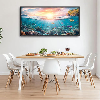 Ocean Fish Large Wall Art Framed Wall Decor for Living Room, Ocean Sunset Pictures Oversized Canvas Print Painting Modern Extra Large Framed Artwork for Bedroom Office Home Decor 60"x30"