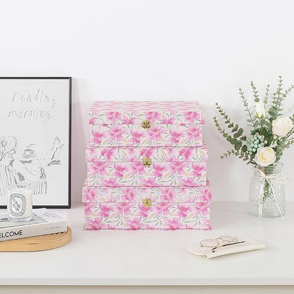 Soul & Lane Pink Floral Cardboard Decorative Storage Boxes with Gold Hardware - Set of 3, Garden Blush - Stacking Boxes with Lids for Home Decor and Organizing, Elegant Design