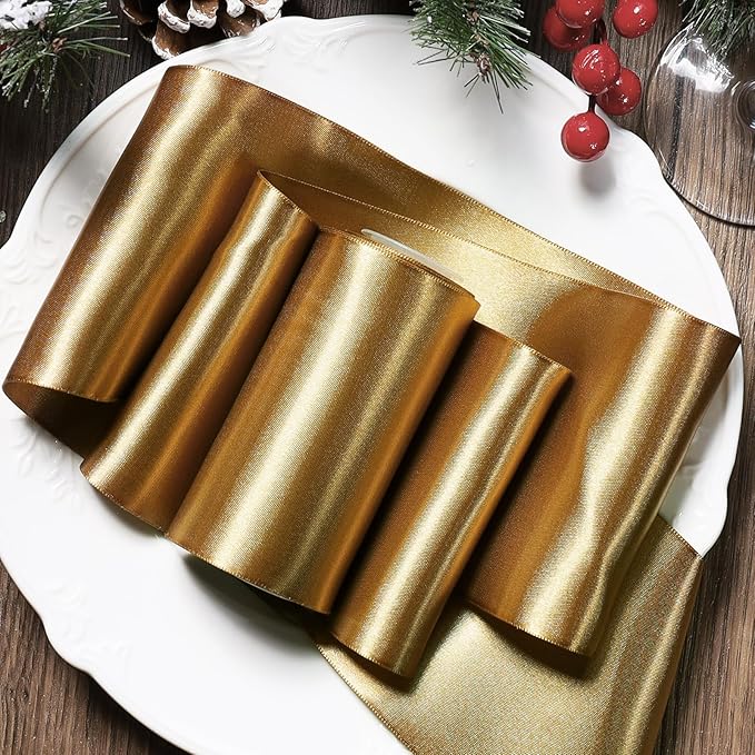 LaRibbons Pale Gold Satin Ribbon 4 Inch 10 Yards Double Faced Luxury Pale Gold Silk Ribbon for Gift Wrapping Flower Bouquets Bow Christmas Wedding Party Decoration