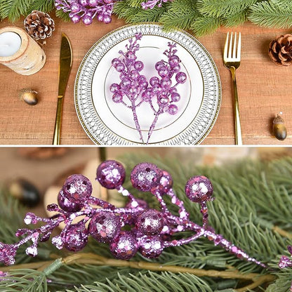 Lvydec 16pcs Christmas Glitter Berry Stems Clearance, 7.8" Artificial Christmas Picks for Christmas Tree Ornaments, DIY Xmas Wreath, Crafts, Holiday and Home Decor (Light Purple)