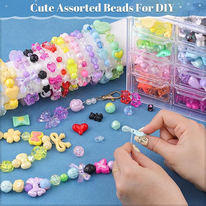 Assorted 500-550PCS 8 Colors Mixed Acrylic Beads for Bracelet Making, Flower Bow GummyBear Bracelet Bead,Cute Beads for Jewelry Making DIY Necklace Keychain Phone Charm Christmas Gift
