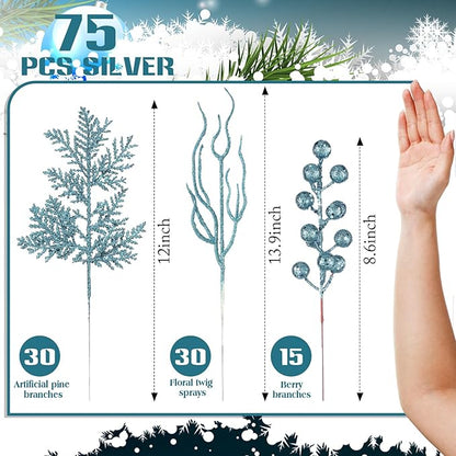75 Pcs Christmas Glitter Branches 3 Styles Artificial Christmas Picks Berries Stems Pine Needles Floral Twig Spray for Xmas Tree Ornaments DIY Wreath Garland(Lake Blue)