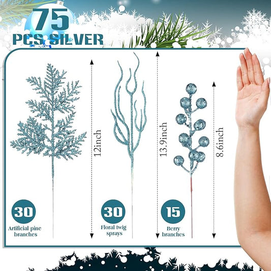 75 Pcs Christmas Glitter Branches 3 Styles Artificial Christmas Picks Berries Stems Pine Needles Floral Twig Spray for Xmas Tree Ornaments DIY Wreath Garland(Lake Blue)