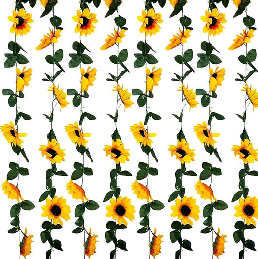 8Pcs 63Ft Sunflower Garland, Fake Hanging Flowers, Sunflower Artificial Flower Vine, Hanging Floral Vine Garland for Wedding, Party, Wall Arch, Halloween, Christmas Summer Garden Backdrop Decor