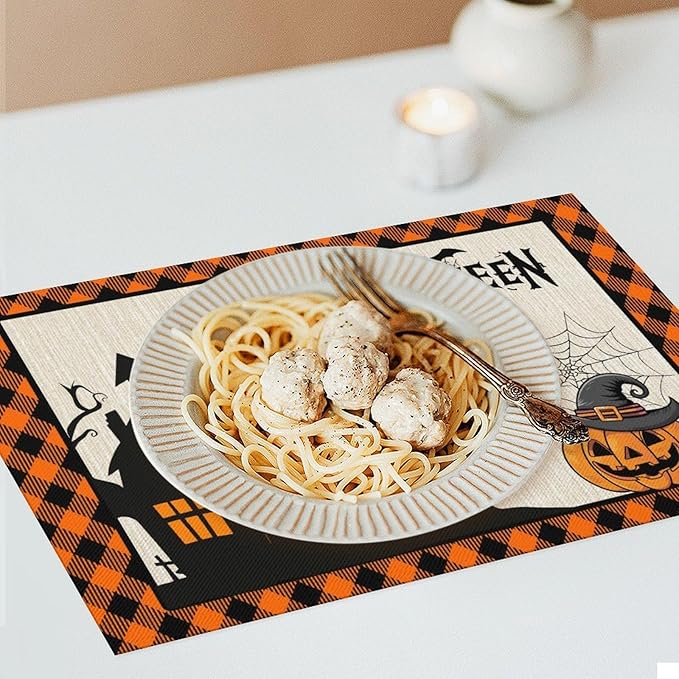 Halloween Placemats Cartoon Retro Funny Horror Castle Spider Web Magic Witch Pumpkin Bat Pumpkin Placemats Table Kitchen Dining Party 12x18 Inch Set of 4