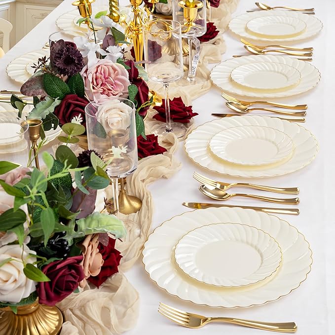 YOUBET 125PCS Scalloped Plastic Plates - Ivory Scalloped Disposable Plates - Gold Plastic Dinnerware Set Include 50 Plates, 75 Gold Silverware for Party & Wedding & Christmas