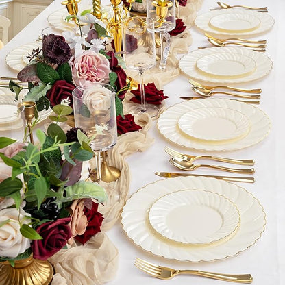 YOUBET 125PCS Scalloped Plastic Plates - Ivory Scalloped Disposable Plates - Gold Plastic Dinnerware Set Include 50 Plates, 75 Gold Silverware for Party & Wedding & Christmas