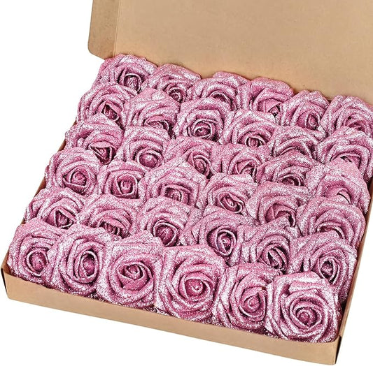 BLEUM CADE 36Pcs Artificial Flowers Fake Roses with Stems, Pink Glitter Boxed Foam Roses for DIY Bouquets Centerpieces Wedding Party Arrangement Bridal Shower Decor
