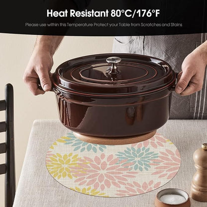 Artoid Mode Floral Vinyl Round Placemats Set of 4, 14 Inch Wipeable Non-Slip PVC Place Mats for Party Kitchen Dining Decor, Pink Blue