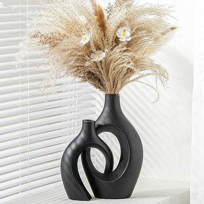Levvohd XL Black Ceramic Vase Set of 2 for Modern Home Decor, Neutral Boho Round Donut Pampas Grass Vases, Nordic Aesthetic Vase, for Living Room Coffee Table Fire Place Book Style Shelf (H 11.1")