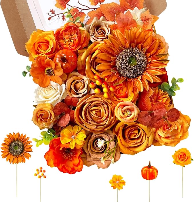 Jspupifip Orange Yellow Artificial Flowers Combo Box Fake Silk Roses with Stems Hydrangea Peony Arrangement for Bridal Shower Boho DIY Wedding Cake White Flowers Table Decorations