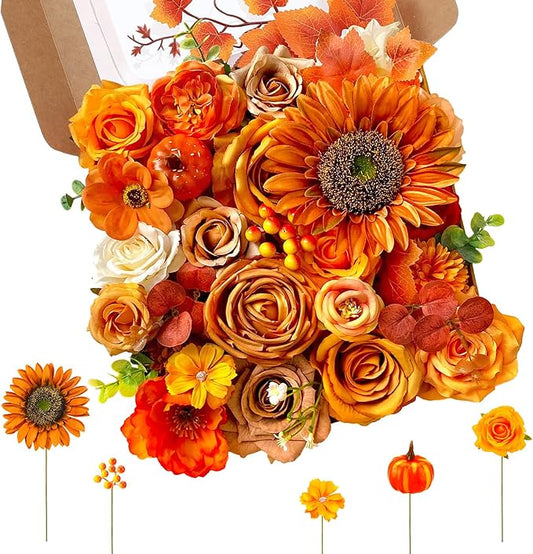 Jspupifip Orange Yellow Artificial Flowers Combo Box Fake Silk Roses with Stems Hydrangea Peony Arrangement for Bridal Shower Boho DIY Wedding Cake White Flowers Table Decorations