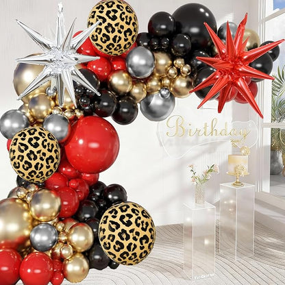 Red Black Gold Balloon Arch Garland Kit Leopard Cheetah Print Party Balloons Black Red Metallic Silver Gold Explosion Star Balloon for Girl Night Bachelorette New Year Casino Birthday Party Decoration