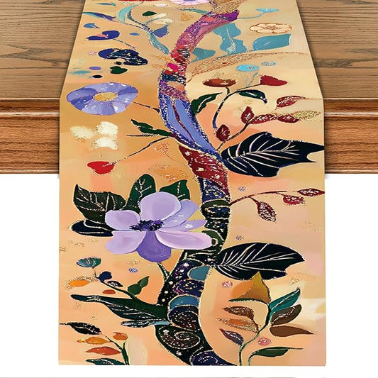 Elegant Floral Table Runner with Gold Accents – 13x72 Inch Linen-Look Fabric for Dining Table, Festive & Holiday Decor, Wedding, Christmas, and Everyday Home Use