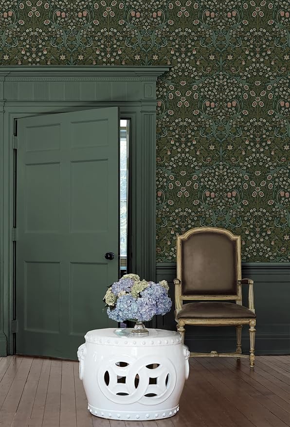 NextWall Seabrook Designs Victorian Garden Floral Vintage Prepasted Wallpaper (Greenery)