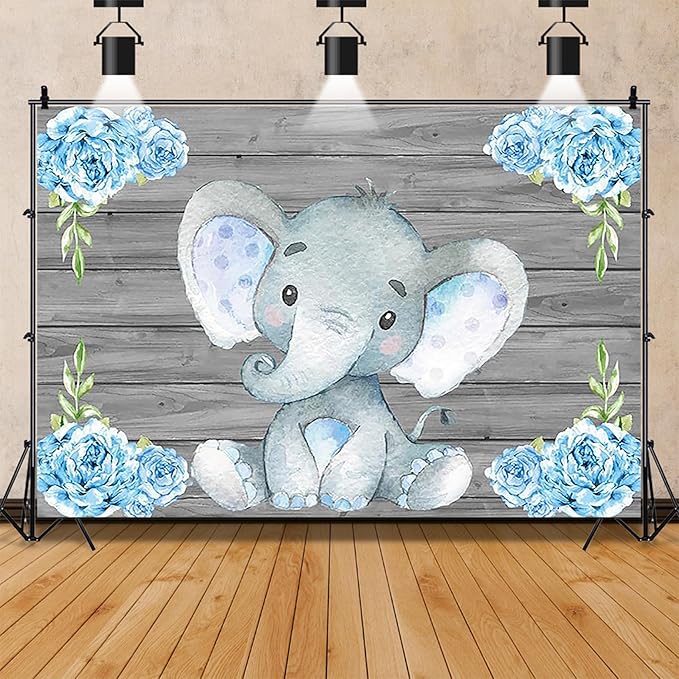 AOFOTO 5x3ft Cute Baby Elephant Backdrop Baby Shower Birthday Party Decoration Banner Photography Background Sweet Watercolor Flowers Grey Wood Cartoon Animal Newborn Infant Child Photos Studio Props