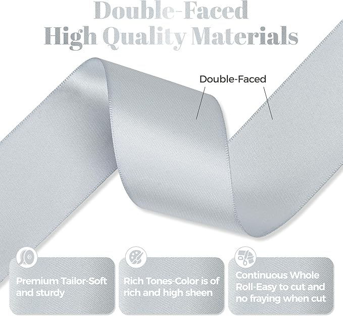 Silver Gray Satin Ribbon, Double Faced 2 Inch X 25 Yards Silver Gray Ribbon, Premium Satin Ribbon for Gift Wrapping, Crafts, Hair Bow Making, Sewing, Flower Bouquet, Wedding Party Decor