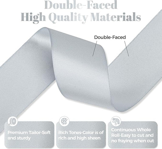 Silver Gray Satin Ribbon, Double Faced 2 Inch X 25 Yards Silver Gray Ribbon, Premium Satin Ribbon for Gift Wrapping, Crafts, Hair Bow Making, Sewing, Flower Bouquet, Wedding Party Decor