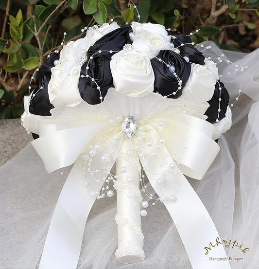 Bridal Wedding Bouquet Round Bling Brooch Bouquet Throw Toss Artificial Rose Flower Bunch for Bride Bridesmaid Wedding Quinceanera(Black & Ivory, 8.7")