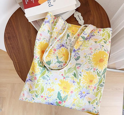 Cotton Canvas Tote Bag Reusable Soft Grocery Cloth Bag Floral Shoulder Bag for Beach Travel Shopping