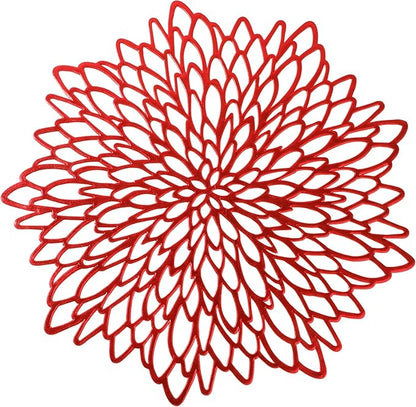 Snowkingdom 6 Pack Red Placemats Metallic Shiny Pressed Vinyl Dining Mats Round Leaf Floral Mother's Day Table Decoration for Halloween Christmas Valentine's Day Weddings Holiday Celebrations