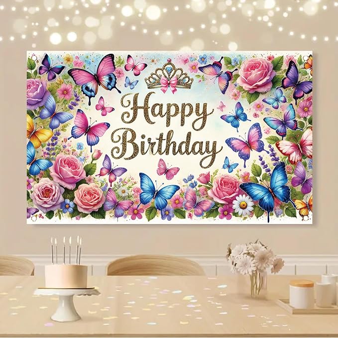 Happy Birthday Backdrop Butterfly Floral Banner Crown Decorations Photography Background for Women Girls Princess Supplies Cake Table Photo Shoot Props 71 x 43 Inch