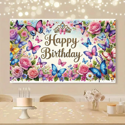 Happy Birthday Backdrop Butterfly Floral Banner Crown Decorations Photography Background for Women Girls Princess Supplies Cake Table Photo Shoot Props 71 x 43 Inch