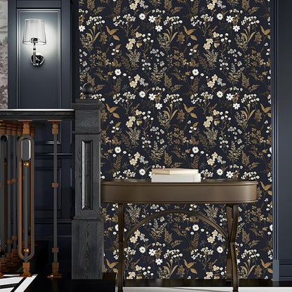 Dark Floral Wallpaper Peel and Stick 17.5in x 197in Vintage Navy Gold Leaf Wallpaper Vinyl Waterproof Self-Adhesive Dark Blue Botanical Wall Paper Mural for Bookcase Bedroom Cabinet Decor