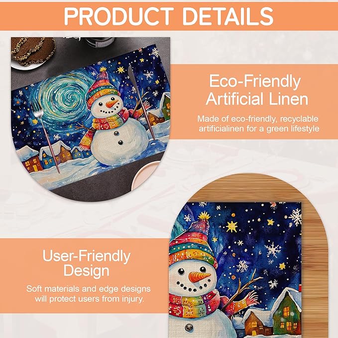 Christmas Snowman Table Mats Set of 6,Starry Night Moon Non-Slip Washable Placemats for Restaurant Home Kitchen Dinner Table 12x18Inch