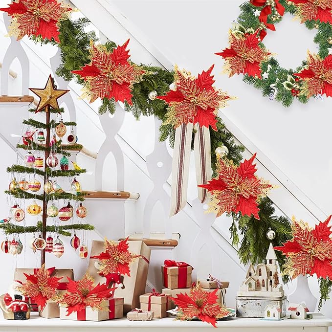 10'' Large Christmas Glitter Poinsettia Flowers Decorations, stadeco 10 Pcs Christmas Tree Picks Ornaments Artificial Flowers with Long Stems for Xmas Tree Wreath Garland Wedding Party DIY Decor