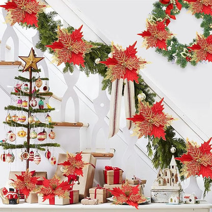 10'' Large Christmas Glitter Poinsettia Flowers Decorations, stadeco 10 Pcs Christmas Tree Picks Ornaments Artificial Flowers with Long Stems for Xmas Tree Wreath Garland Wedding Party DIY Decor