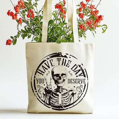 ANATTASOUL Halloween Canvas Tote Bag Black Skull Circle Reusable Cotton Bag for Women, Durable Cloth Shoulder Bags with Zipper Pockets for Shopping, Vacation, Work, Gym