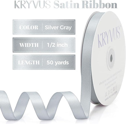 Silver Gray Satin Ribbon, Double Faced 1/2 Inch X 50 Yards Silver Gray Ribbon, Premium Satin Ribbon for Gift Wrapping, Crafts, Hair Bow Making, Sewing, Flower Bouquet, Wedding Party Decor