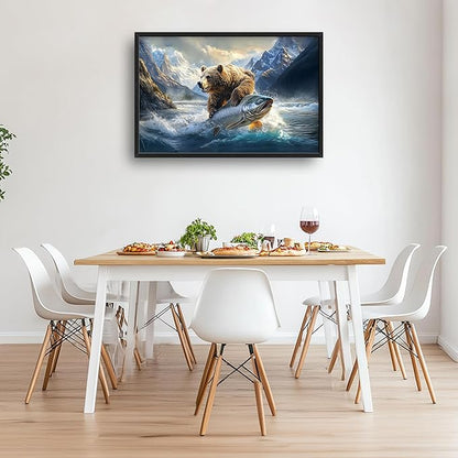 Bear Fish Large Decor Framed Wall Art Mountain Pictures for Living Room, Oversized Canvas Print Painting Modern Extra Large Framed Artwork for Bedroom Office Home Decor 36"x24"