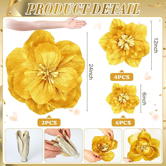 Giant Paper Flowers Artificial Large Paper Flower Decoration for Handcrafted Wall Backdrop Christmas Mexican Wedding Graduation Bridal Shower Birthday Party Supplies(Gold,12 Pcs)