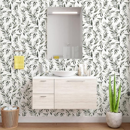 Erfoni Dark Green Leaf Wallpaper Floral Peel and Stick Wallpaper 17.7inch x 393.7inch Greenery Eucalyptus Contact Paper Peel and Stick Leaves Plant Self Adhesive Wall Paper Bathroom Vinyl