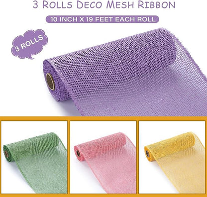 Chuangdi 4 Rolls Easter Poly Burlap Mesh Poly Burlap Deco Ribbon Mesh Roll for Spring Summer DIY Flower Wreath Garland, 10 Inch