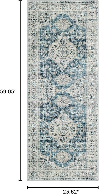 Lahome Oriental Kitchen Runner Rug Non Slip, 2x5 Washable Hallway Runner with Rubber Backing, Vintage Hallway Rug Ultra-Thin Soft Carpet for Bedroom Bathroom, Blue