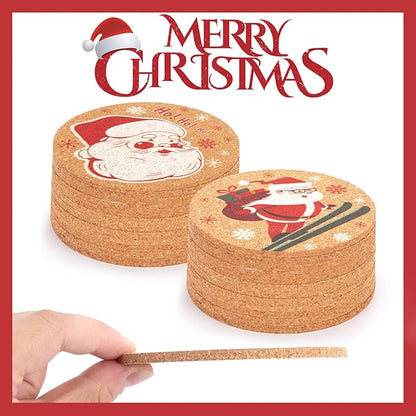 HANSGO 12PCS Christmas Cork Coasters, Cork Cup Mat Xmas Wooden Coasters for Drinks Xmas Party Home Kitchen Table