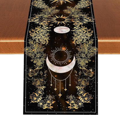Boho Floral Table Runner, Spring Gothic Moon Phase Wildflower Mystical Witchy Farmhouse Coffee Table Center Decor for Home Kitchen Dining Patio Holiday Party Table Decorations 13x72 inches