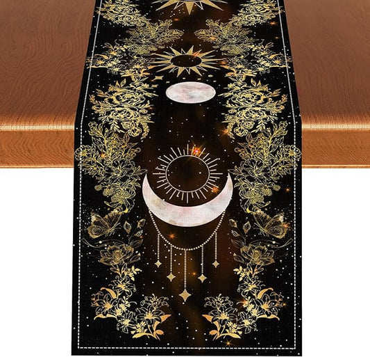 Boho Floral Table Runner, Spring Gothic Moon Phase Wildflower Mystical Witchy Farmhouse Coffee Table Center Decor for Home Kitchen Dining Patio Holiday Party Table Decorations 13x108 inches