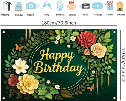 Greenery Birthday Backdrop Green Floral Banner Butterfly Happy Birthday Photography Background for Women Girls Lady Newborn Baby Shower Party Supplies Photo Booth Props 71 x 43 Inch