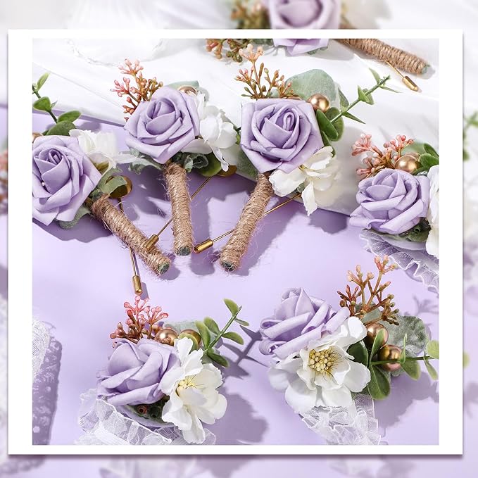 12 Pcs Wedding Wrist Corsage and Boutonniere Set Rose Wrist Corsage for Prom Boutonniere for Men Wedding Flowers Accessories Prom Suit Decorations for Wedding Ceremony (Light Purple)
