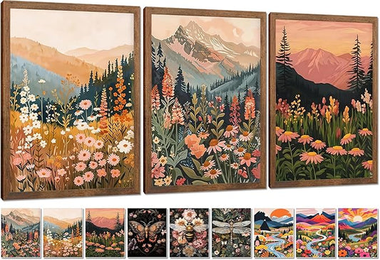 Colorful Nature Floral Wall Art Set of 3 24x16in Wood Framed, with 9 Bonus 8x10in Poster Art Prints, Boho Retro Wildflower Landscape Artwork Wall Decor for Living Room Bedroom Home Decor