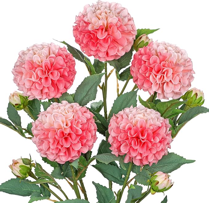 Hollyone 5PCS Dahlia Artificial Flowers 24.8" Pink Fake Ball Dahlias Silk Flowers Faux Roses Flower with Long Stems for DIY Wedding Bouquets Table Centerpieces Arrangements Bridal Party Home Decor