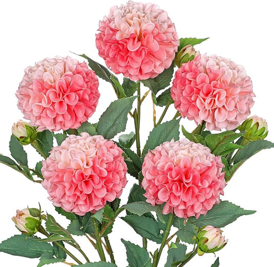 Hollyone 5PCS Dahlia Artificial Flowers 24.8" Pink Fake Ball Dahlias Silk Flowers Faux Roses Flower with Long Stems for DIY Wedding Bouquets Table Centerpieces Arrangements Bridal Party Home Decor
