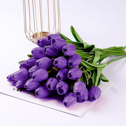 Sggvecsy 30 Pcs Fake Tulips Artificial Flowers Real Touch PU Faux Flowers Tulip Stems for Wedding Spring Bouquet Floral Arrangement Home Party Office Decorations for Mother's Day (Purple)