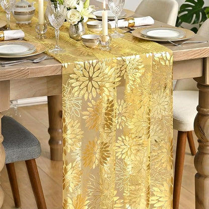 Artoid Mode Yellow Gold Dahlia Flower Gauze Table Runner 120 Inch 10FT, Glitter Metallic Foil Sheer Cheesecloth Dining Holiday Table Decor for Home Party